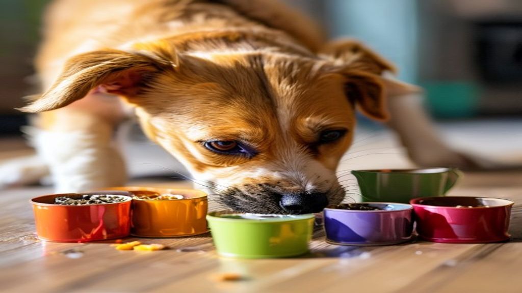 dog using nose to find treats hidden under cups