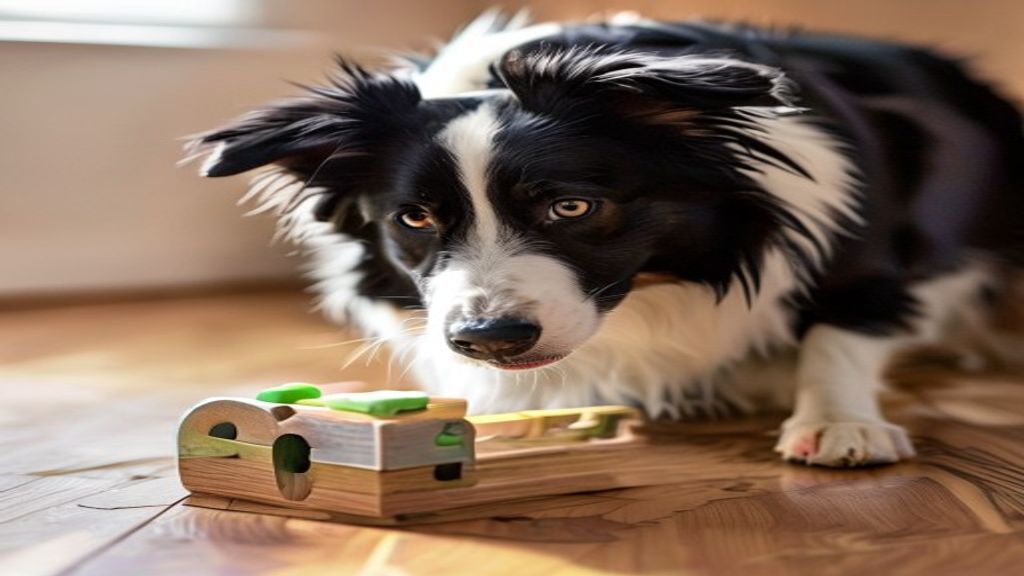 intelligent border collie solving puzzle feeder toy