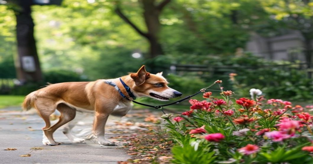 냄새 맡으며 산책하는 강아지