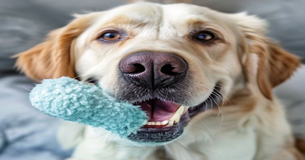 콩 장난감으로 간식 먹는 강아지