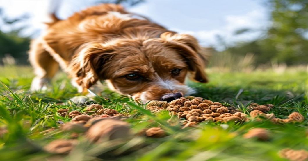 잔디에 사료 뿌려 찾는 강아지